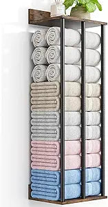 Towel Racks for Bathroom Wall Mounted with Wooden Storage Shelf, Updated 3 Bar Metal Towel Holder for Rolled Towels, Sturdy and Large Capacity, Towel Storage Organizer-Rustic