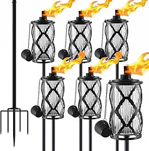 6 Pack Gray Glass Garden Torch,59-Inch Outdoor Torch Garden Dcor, Upgraded 16 oz Citronella Torches with 5-Prong Grounded Stake,Metal Light Torches for Party Patio Pathway