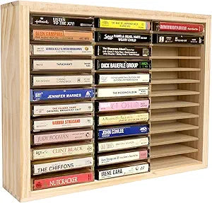 Cassette Tape Storage Rack, 36-slot Wood Cassette Tape Holder, Wall Mount or Freestanding Audio Cassette Organizer, Playing Card Storage, Unfinished Pine