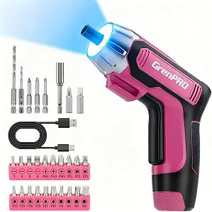 GRENPRO 4V Cordless Electric Screwdriver Set, 29-Piece, Pink