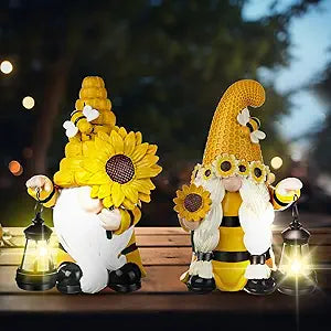 Suzile 2 Pack Sunflower Bee Gnome 9.4 Inch Garden Outdoor Statue Solar with Lantern Lights Gnomes Gifts for Women Outside Sunflower Bee Figurine for Yard Courtyard Lawn Patio Porch Decor