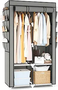Portable Closet for Hanging Clothes, Portable Wardrobe Closet with Cover, 4 Storage Shelves, 2 Hanging Rods and 8 Side Pockets, Easy Assembly and Sturdy Free Standing Closet for Bedroom, Grey