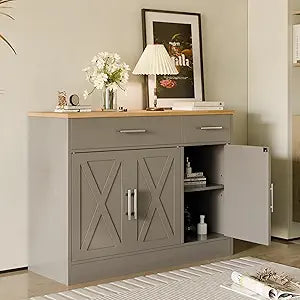 SUNLEI Kitchen Buffet Sideboard Cabinet, Wooden Storage with 3 Doors and 2 Drawers, Adjustable Shelf, Modern Farmhouse Coffee Bar Cabinet with Storage for Kitchen/Laundry/Living Room,Grey