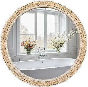 FUIN 24" Rattan and Wood Round Mirror for Boho Bathroom, Entryway, Living Room Decor