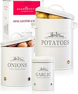 noonberry Potato and Onion Storage Bin Set  3-Piece Ventilated Potato Storage Bin, Onion Storage Container and Garlic Container  Cream-White Magnolia Finish