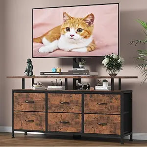 Rustic Brown TV Stand with Mount for 32/45/55/60/65/75 inch TVs, Entertainment Center with 6 Fabric Drawers & Open Shelf, TV Media Console for Living Room, Bedroom