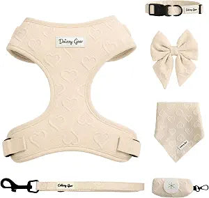 Medium Dog Harness Set, Cute No Pull, Collar & Poop Bag Holder, Cream Heart | All Weather, Breathable, Adjustable, Soft & Stylish, Jacquard Fabric, includes Bandana, Sailor Bow