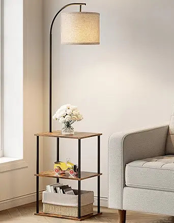 PARTPHONER Floor Lamp with Table, Night Stand with Lamp, Narrow Side Table with 3CCT LED Bulb, Small Coffee Table, Modern End Table with Storage Shelves for Living Room Bedroom Home Dcor