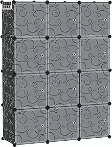 C&AHOME Cube Storage Organizer with Doors, 12-Cube Shelves, Closet Cabinet, DIY Plastic Modular Bookshelf Ideal for Bedroom, Living Room, 36.6L x 12.4W x 48.4H Black USHS3012B-DOOR