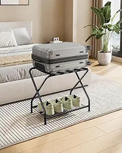 1-Piece Foldable Black Luggage Rack Stand with Storage Shelf  Heavy Duty Metal Suitcase Holder, 150 lbs Top, 50 lbs Bottom, Fits 20-28 Luggage  Guest Room, Bedroom, Hotel LR-BK-1