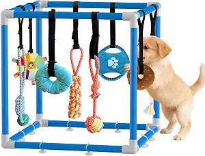 Puppy Play Gym with 8 Hanging Toys Indoor Play Gym Interactive Dog Toys for Boredom Enrichment Activity for Small Dog Teething PVC Frame Stretchy Rope with Velcro (Blue,19.6 x 19.6 x 19.6 inch)