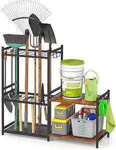 DAOUTIME Garage Tool Organizer with 2-tier Wooden Shelves, Yard Tool Organizer for Garage with 6 Hooks, Heavy duty Steel Garden Tool Rack Holds up to 35 Long Handled Yard tools for Storage, Black