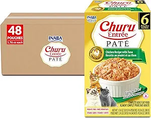 INABA Churu Entre Pate for Cats, High Protein & Moisture, Prebiotic Wet Cat Food, 1.76oz. per Serving, 48 Pouches, Chicken with Tuna Recipe