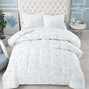 Comforter Set Full Size Bow - Light Blue Bow Quilt Bedding Set 3 Pieces, Comforter Set Full, Soft & Lightweight Comforter(79 x 90) for Girl All Season & 2 Pillow Cases(30x20)