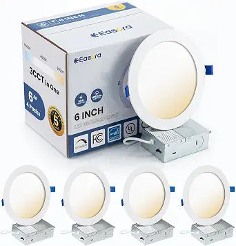 Recessed Lighting 6 Inch 4Packs, 3000/4000/5000K Anti-Glare LED Can Lights, 12W 1080LM High Brightness Dimmable Recessed Lights, Easy-to-Install Wafer Light with Junction Box, ETL & FCC & IC