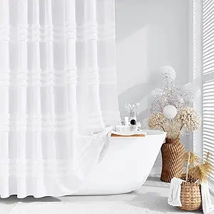 Dynamene Extra Long Shower Curtains - 72 x 84 Inches Long Textured Tufted Chenille Striped Fabric Bathroom Shower Curtain, Tall Modern Shabby Chic Waterproof Cloth Shower Curtain Set with Hooks, White