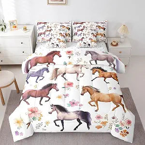 Feelyou Kids Twin Girls Horse Twin 7 Piece Bedding Set Horses Comforter Set with Sheets Pink Floral Cute Horse Bedding Sets with Comforter, Pillowcases, Flat Sheet, Fitted Sheet, Cushion Cover