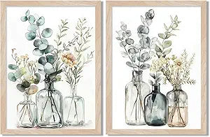 Framed Boho Eucalyptus Wall Art 2Pcs,Sage Green Plant and Flower in Glass Vase Canvas Prints, Minimalist Botanical Painting Picture, Nature Poster Artwork for Living Room,Bathroom, Kitchen Wall Decor 16X20IN