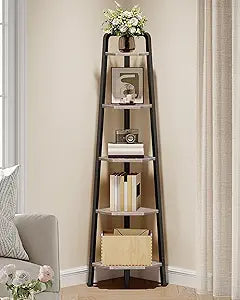 CHOEZON Corner Shelf, 5-Tier Ladder Corner Shelf, Ladder Bookshelf, 59.6" Tall Vertical Display Stand, Metal Frame Bookshelf, for Living Room, Bedroom, Kitchen, Greige and Black TCJ20BG