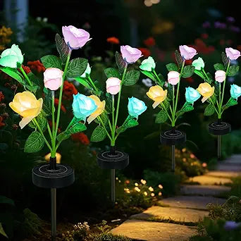Upgraded Solar Garden Lights, 4 Pack Outdoor Solar Lights, New Round Panel for 40-Hour Runtime, Serve as Outdoor & Indoor Decor, 7-Color Changing Flower Lights, Waterproof for Patio Yard Decoration
