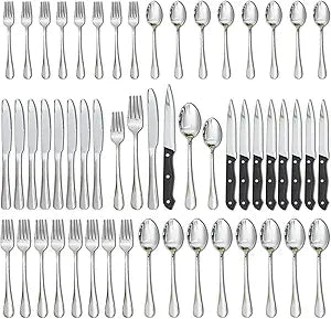Astercook Silverware Set 48-Piece Flatware with Steak Knives Food-Grade Stainless Steel Cutlery for 8 Mirror Polished Utensils Set Include Spoons and Forks for Home Kitchen Restaurant