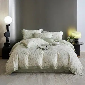VM VOUGEMARKET Green Flower Duvet Cover Twin Cooling Lyocell Comfoter Cover Set for Hot Sleeper,Moisture Wicking Silky Bedding Set-Mint Green