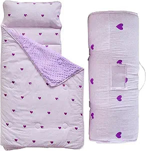 Toddler Nap Mat with Pillow and Blanket,Purple Heart Slumber Bags for Girls,Ultra Soft Kids Sleeping Bags with Roll Up Design,Perfect for Preschool,Daycare,Kindergarten-Purple