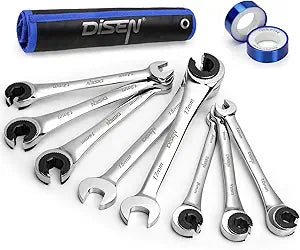 DISEN 8PCS Flare Nut Wrench Set Brake Line Ratcheting Wrench Set Metric 8-17mm, CR-V Steel with Organizer Pouch, Father's Gift
