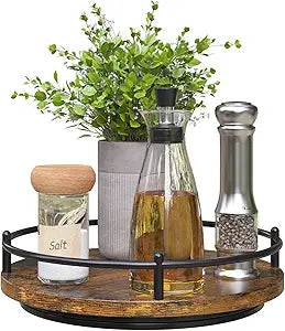 Lazy Susan Organizer9 Inch Rotating Spice Rack for Kitchen Countertop Round Wooden Turntable Holder for Cabinet, Dining Table, Cupboard Storage  Black