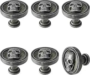 6PCS Vintage Skull Skeleton Cabinet Knobs - Single Hole Zinc Alloy Drawer Pulls for Kitchen, Wardrobes, Bookcases, Dresser, Closets (Ancient Tin)