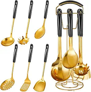 Blushtier 7 Pcs Black and Gold Cooking Utensils Set, Stainless Steel Kitchenware Gift with Hanging Shelf, Slotted Spoon, Slotted Spatula, Large, Soup Ladle, Spatula, Pasta Spoon, Easy to Clean