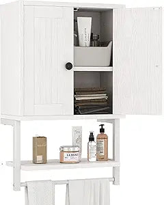 Homeiju Small Farmhouse Style Rustic Medicine Cabinet with Two Barn Doors, Wooden Wall Mounted Storage Cabinet with Shelf and Towel Bar for Bathroom, Living Room, Kitchen, White