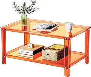Acrylic Coffee Table with Storage Shelf,Rectangle Living Room 2-Tier Center Table for Small Spaces (Rectangle, Orange, Nomal)
