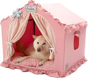 Jiupety Indoor Dog House with Frame, Cute Dog Tent Bed with Cover Cave, Breathable, Washable, and Foldable House, Suitable for 20-40 Lb, Large (25"25"25"), Pink