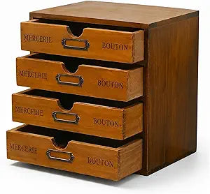 Modular Stackable Apothecary Cabinet 4 Drawer Desk Organizer - Retro Library Card Catalog Wood Storage Box - Organize Stationery, Thread Embroidery, Sewing, Crafts, Junk Drawer & Supplies Countertop