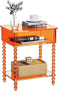 Acrylic Side Table, Clear 3-Tier End Table with Storage, Nightstand for Living Room, Bedroom, Office (Orange, Small)