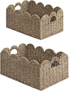 StorageWorks Scalloped Wicker Basket, Woven Baskets for Storage, Rattan Baskets with Handles, Paper Rope Basket for Organizing and Decor, 2 Pack