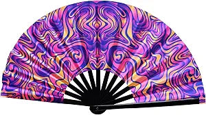 Nydotd UV Glow Rave Fan Large Handheld Folding 13 Inch Bamboo Festival Foldable Clack Popping Fan for Line Dancing Men and Women (Ripple)