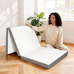 Tri-Folding Mattress, 3 Inch Portable Folding Mattress Topper with a Collapsible and Washable Cover, Portable Floor Bed for Travel, Fold Up Guest Bed, Camping and Yoga (Single, White)