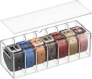 YUNEASELF Belt Organizer - Acrylic Belt Storage Holder for Closet with Dust Cover Lid - 7 Compartments Clear Display Case for Tie and Bow Tie