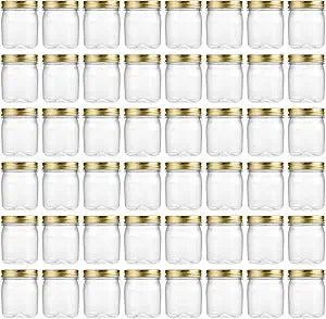 novelinks 8 oz Clear Plastic Jars with Airtight Lids, 48 Pack Plastic Mason Jars with Lids 8oz, Refillable Storage Slime Containers & Small Spice Jar for Kitchen Organization (48 Pack,Gold)