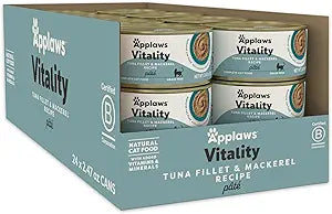 Applaws Vitality Wet Cat Food Pat, Natural Cat Food with Added Vitamins & Minerals, Grain-Free, Carrageenan Free, Tuna Fillet and Mackerel Recipe (24 Count, 2.47 oz Cans)