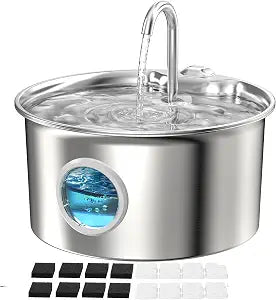 Pet Water Fountain Stainless Steel: Mental Cat Water Fountains with 8 Filters + 8 Sponges - 88oz/2.6L Noiseless Cats Waterer Bowl Dispenser - ATMZIQXR Kitten Drinking Fountains for Cats Indoor