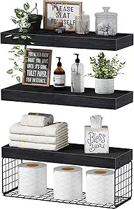 QEEIG Bathroom Shelves Over Toilet - Wall Mounted Floating Shelves Toilet Paper Storage Small Farmhouse Decor Shelf 16 inch Set of 3, Black (019-B3)