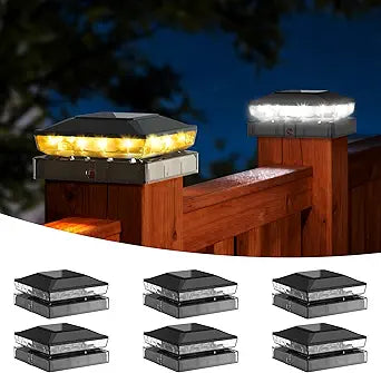 Solar Post Cap Lights Outdoor, 6 Pack Upgraded Waterproof Deck Fence Post Solar Lights for 3.5x3.5 4x4 5x5 Vinyl/Wood Posts, 10-12 Hours Warm/Cool White Glow for Garden/Patio/Porch - Black