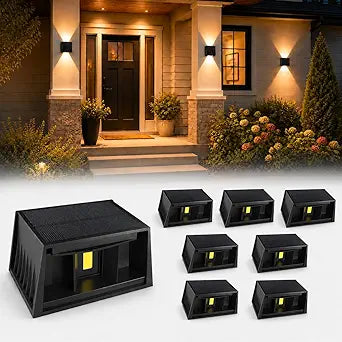 T-SUN Solar Wall Lights Outdoor 8 Pack, Up and Down Solar Wall Sconce Outdoor, 3000K, IP65 Waterproof Decorative Accent Lights for Front Porch, Garage Wall, Back Patio, Fence Corner, Pathway Entry