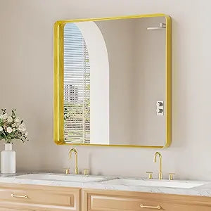 Koonmi Gold Wall Mirror for Bathroom, 30x30 Inch Matte Deep Framed Rounded Rectangle Vanity Mirror for Farmhouse Living Room, Tempered Glass, Anti-Rust, Vertically or Horizontally