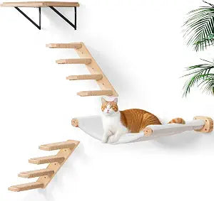 Cat Wall Hammock Set of 4, Floating Fabric Hammock, 2 Ladders, Flat Shelf | Reversible Hammock, Two Four-Step Ladders, Wall Flat Shelf, Space Saving,Wall Mounted Cat Bed Furniture, Indoor Playground