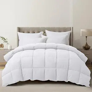 Luxury Goose Feather Down Fiber Comforter Queen Size, 300TC White Cotton Blended Duvet Insert, All Season Hotel Bedding Alternative Down Comforter with Corner Tabs (White, Queen)