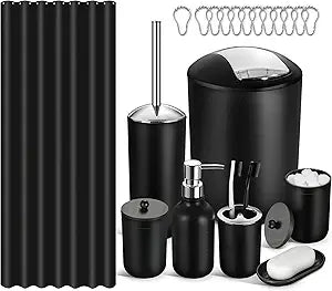 Bathroom Set, 20Pcs Bathroom Shower Curtain Sets with Hooks, Black Bathroom Accessories Set with Trash Can, Bathroom Accessories Sets Complete with Shower Curtain Set, Bathroom Accessory Set